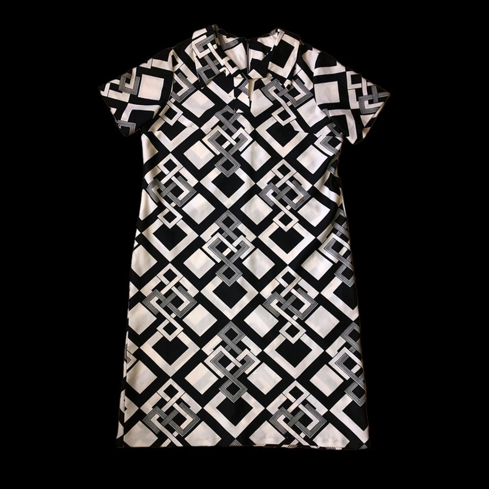 Vintage 60s 70s Black & White Geometric Print Dress